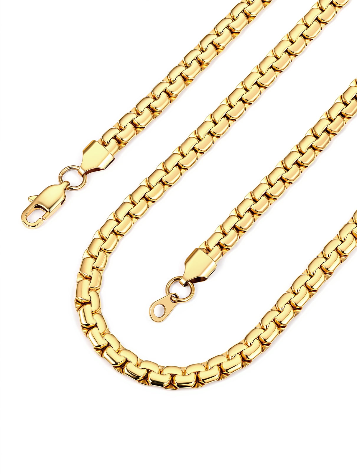 Bandmax 6MM Flat Box Link Chains Necklace for Men Women 14K Gold Plated Solid Stainless Steel Cable Chain Jewelry Birthday Father Day Gift for Mens Son Husband Dad
