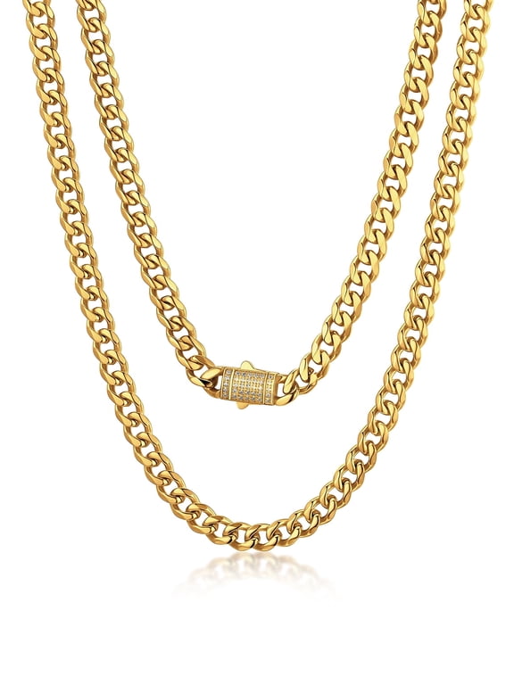 6MM Cuban Necklace Stainless Steel Flat Miami Link Gold Plated Chain With Cubic Zirconia Clasp 18 Inch Men Women Jewelry Boyfriend Dad Son Birthday Husband Father Gift