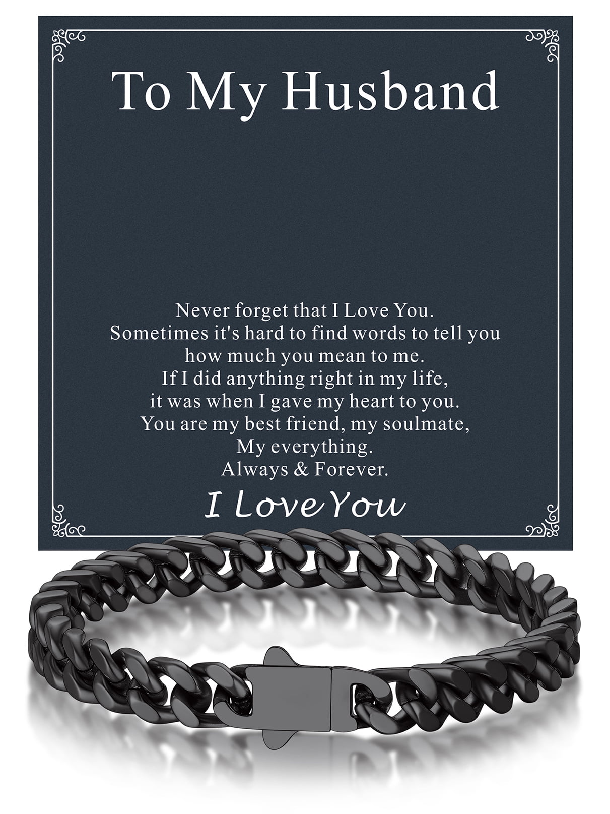 Bandmax 7MM Black Cuban Chain Bracelet for Men 8.3" Stainless Steel Hand Bracelets Gift with Card To Husband Valentine Father's Day Birthday
