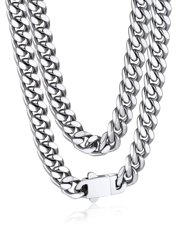 7MM Stainless Steel Mens Chain Necklaces Miami Cuban Link Chain for Men 18 Inches Chunky Cuban Chain Men Jewelry Birthday Valentines Father Day Gift for Dad Son Husband