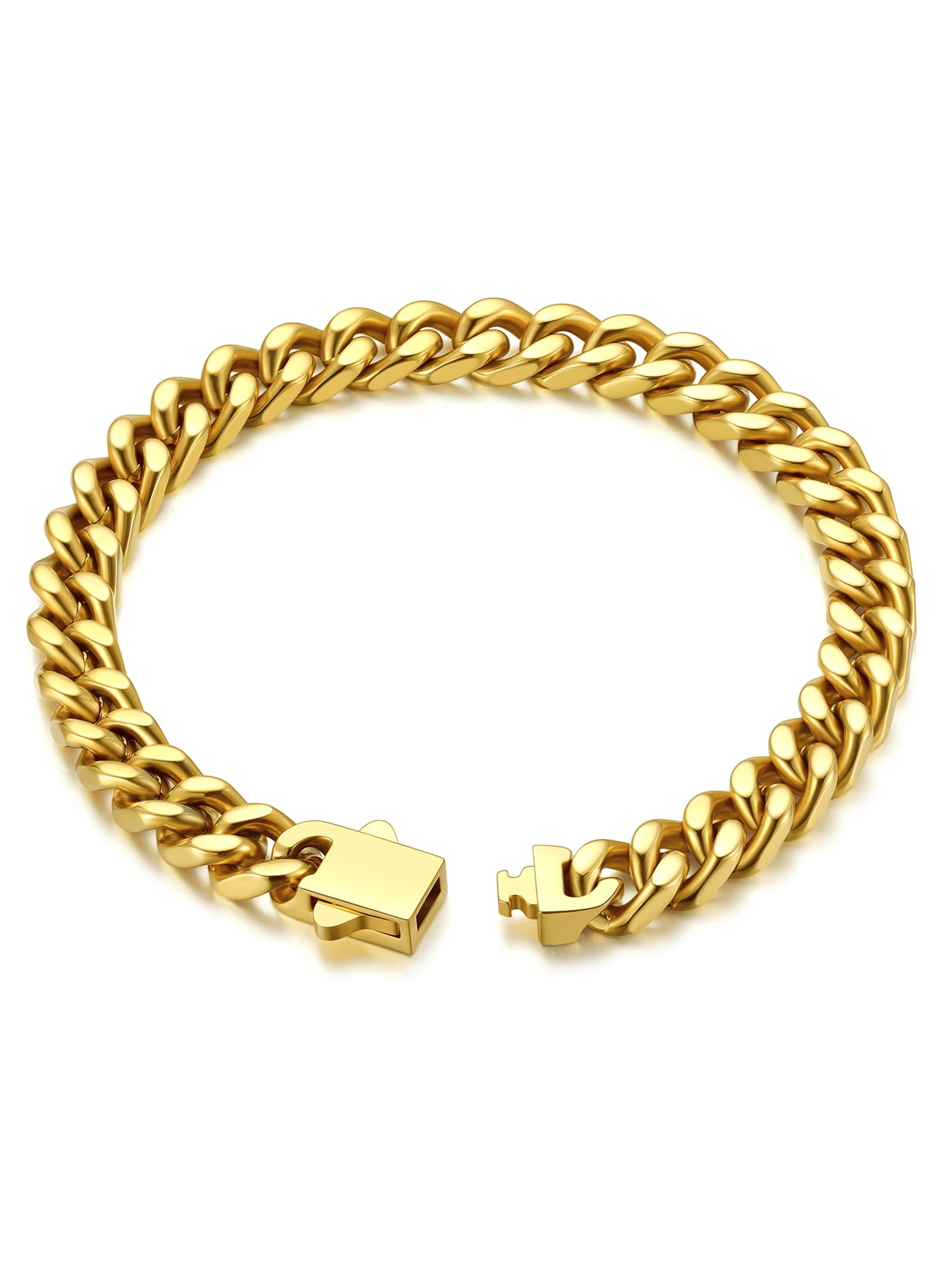 Bandmax 7MM Wide Cuban Chain Bracelet for Men Women Father's Day Gift for Son Dad Husband Stainless Steel 14K Gold Plated Hip Hop Biker Wristlet Anklet Chain Jewelry
