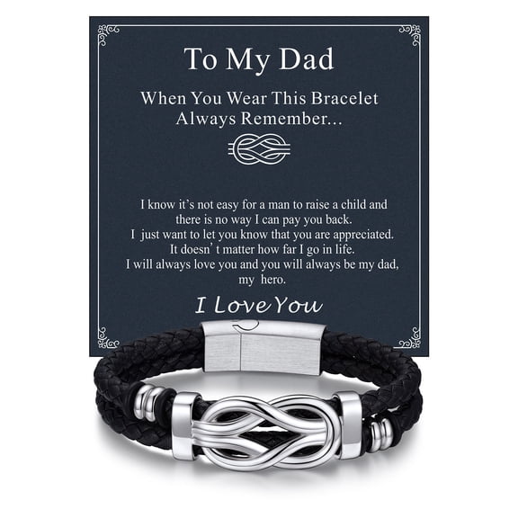 Bandmax 8.26'' Black Leather Bracelet for Men Infinity Knot Leather Cuff Love Link Bracelet Father's Day Birthday Anniversary Christmas Gift with Card for Dad