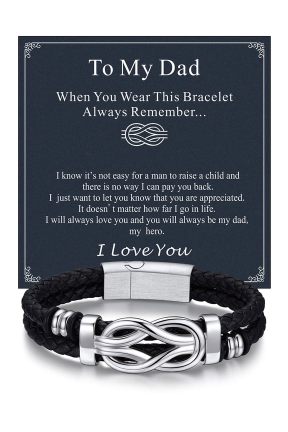 8.26'' Black Leather Bracelet for Men Infinity Knot Leather Cuff Love Link Bracelet Father's Day Birthday Anniversary Christmas Gift with Card for Dad