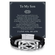 BANDMAX 8.26'' Black Leather Bracelet for Men Infinity Knot Leather Cuff Love Link Bracelet Gift with Card for Son