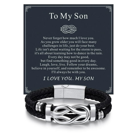Bandmax 8.26'' Black Leather Bracelet for Men Infinity Knot Leather Cuff Love Link Bracelet Father's Day Birthday Gift with Card for Son