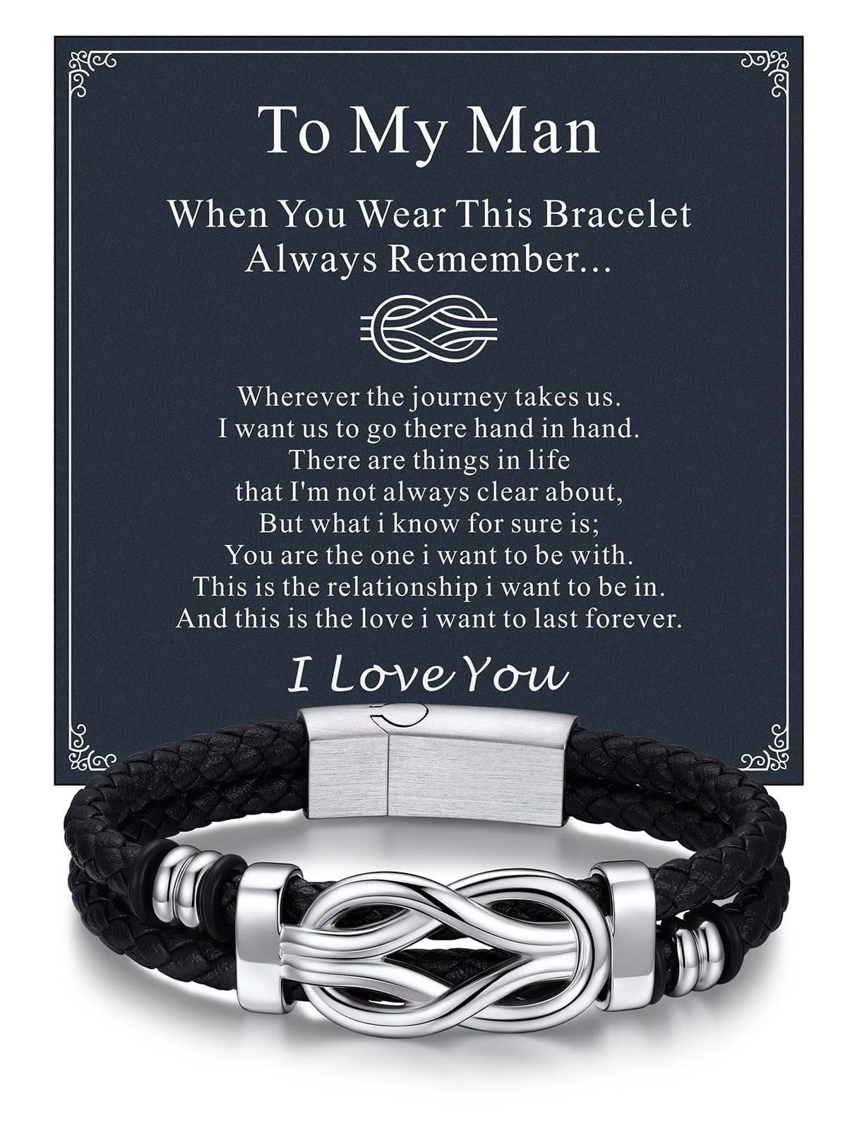 Bandmax 8.26'' Black Leather Bracelet for Men Infinity Knot Leather Cuff Love Link Bracelet Gift with Card for Your Man Boyfriend Valentine Father's Day Birthday