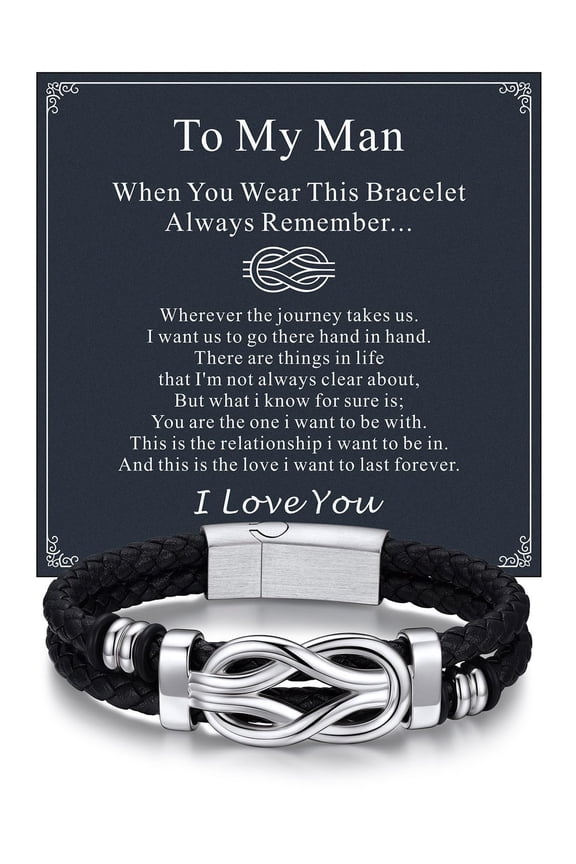 8.26'' Black Leather Bracelet for Men Infinity Knot Leather Cuff Love Link Bracelet Gift with Card for Your Man BF on Valentines'day