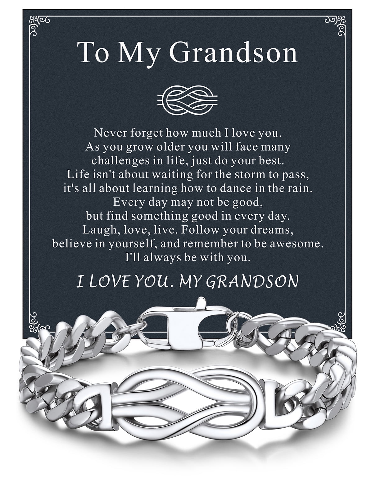 Bandmax 8.26'' Cuban Chain Bracelet for Men Women Stainless Steel Love Infinity Knot Bracelet Link Chain Gift with Specific Card for Grandson