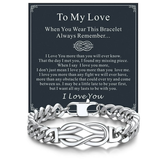 Bandmax 8.26'' Cuban Chain Bracelet for Men Women Stainless Steel Love Infinity Knot Bracelet Link Chain Gift with Specific Card for Your Love