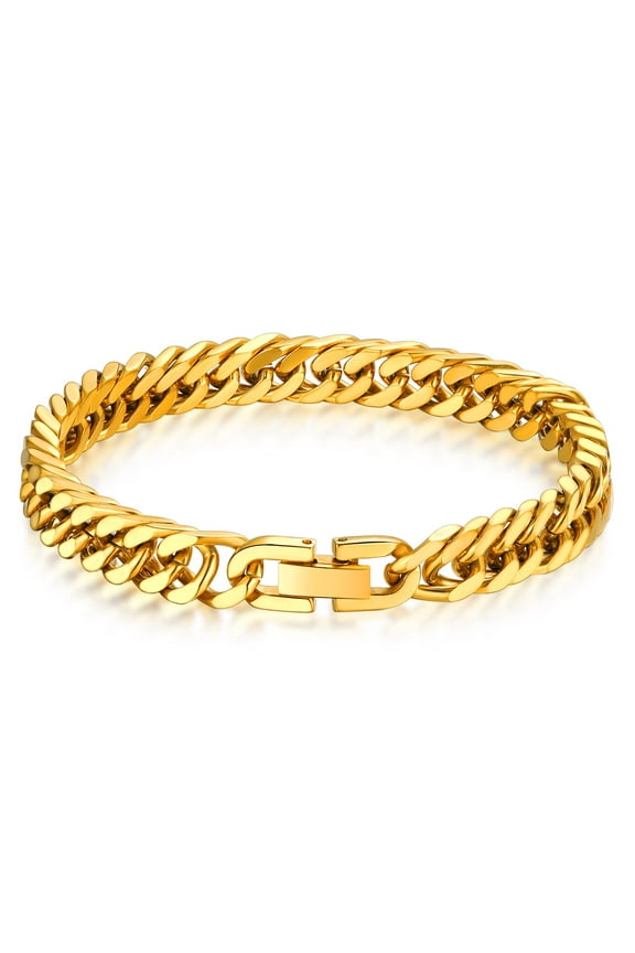 8MM 14K Gold Plated Cuban Chain Bracelets for Men Women Stainless Steel Miami Curb Link Hand Chain Wristlet for Birthday Gift Biker Wrist Chain
