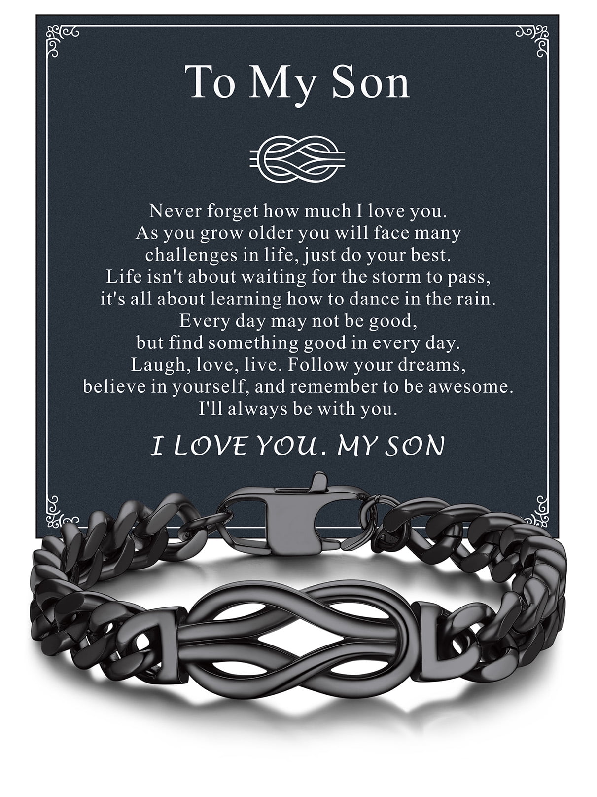 Bandmax 9'' Black Cuban Chain Bracelet for Men Women Stainless Steel Infinity Knot Bracelet Link Chain Gift with Love Message Card Gift Father's Day Birthday for Son