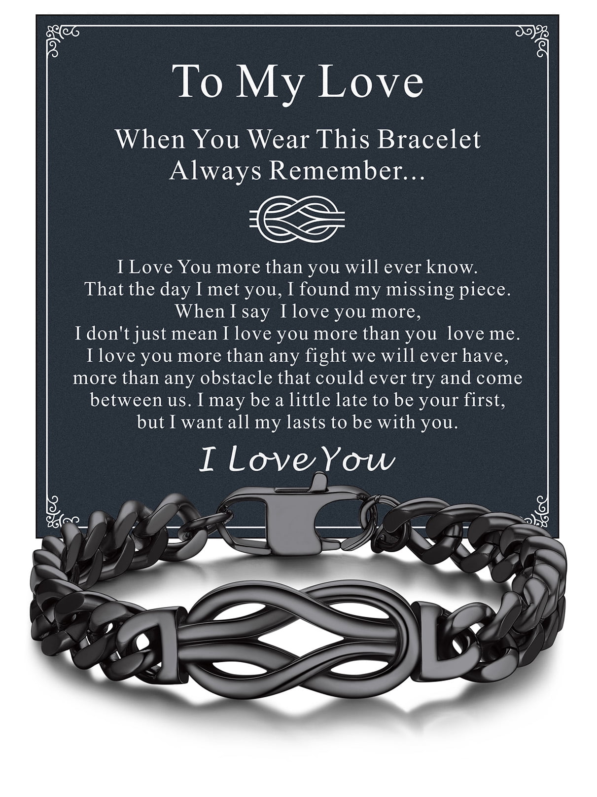 Bandmax 9'' Black Cuban Chain Bracelet for Men Women Stainless Steel Infinity Knot Bracelet Link Chain Gift with Love Message Card Gift Father's Day Birthday for Your Love