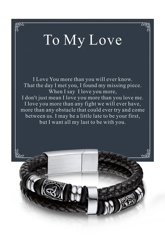 9'' Black Leather Bracelet for Men Double Wax Rope Cuff Norse Style Celtic Knot Beads Link Wristband Gift with Card for Your Love BF on Valentines'day