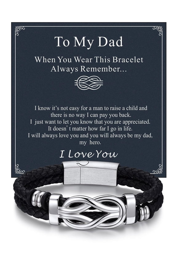 9'' Black Leather Bracelet for Men Infinity Knot Leather Cuff Love Link Bracelet Gift with Card for Dad on Father's Day