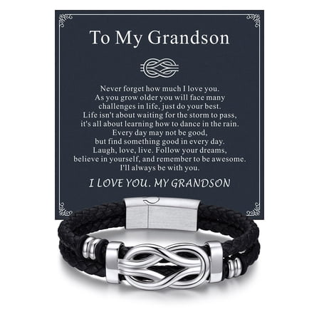 Bandmax 9'' Black Leather Bracelet for Men Infinity Knot Leather Cuff Love Link Bracelet Gift with Card for Grandson