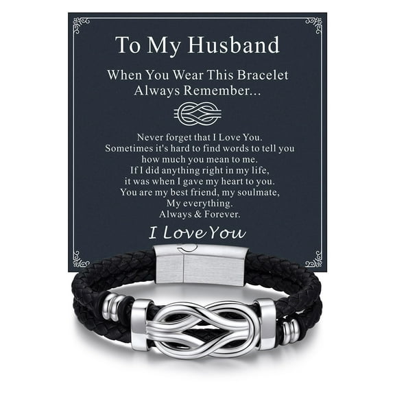 Bandmax 9'' Black Leather Bracelet for Men Infinity Knot Leather Cuff Love Link Bracelet Gift with Card for Husband