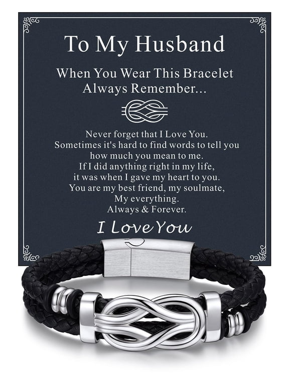 9'' Black Leather Bracelet for Men Infinity Knot Leather Cuff Love Link Bracelet Father's Day Gift with Card for Husband