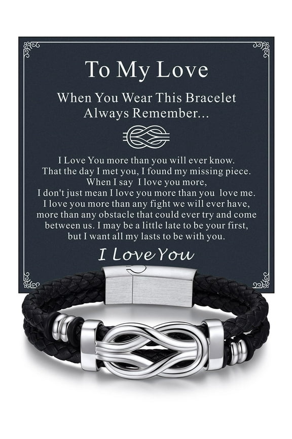 9'' Black Leather Bracelet for Men Infinity Knot Leather Cuff Love Link Bracelet Gift with Card for Your Love BF on Valentines'day