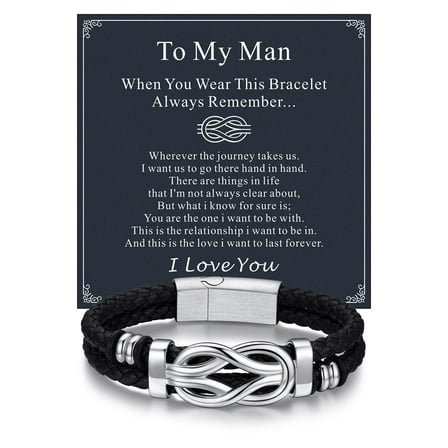 Bandmax 9'' Black Leather Bracelet for Men Infinity Knot Leather Cuff Love Link Bracelet Gift with Card for Your Man BF on Valentines'day