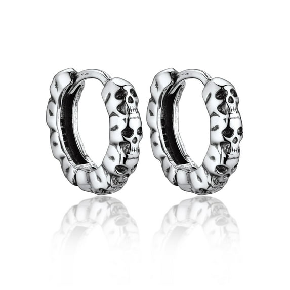 Bandmax 925 Sterling Silver Skull Huggie Earrings for Men Women Punk Gothic Skeleton Ear Hoops Biker Skull Jewelry for Halloween