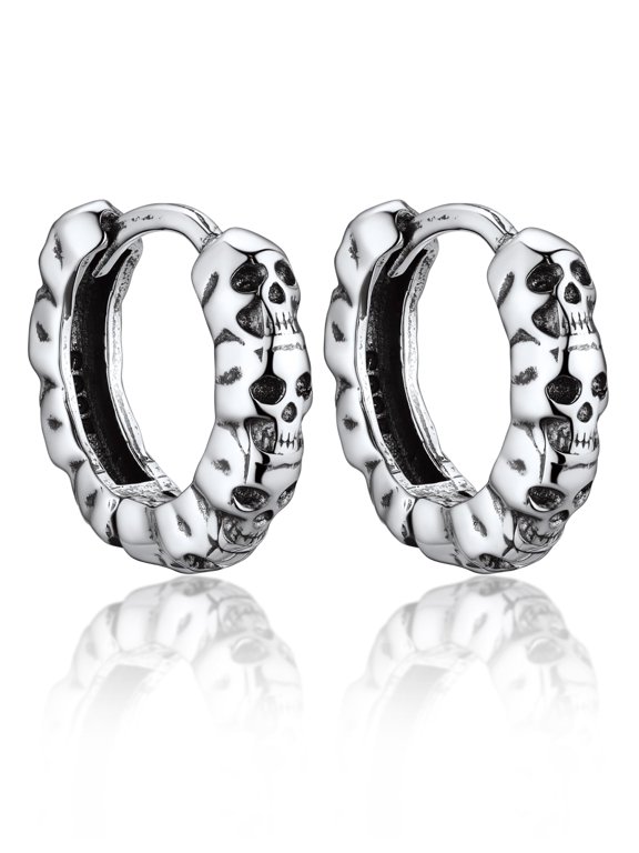 925 Sterling Silver Skull Huggie Earrings for Men Women Punk Gothic Skeleton Ear Hoops Biker Skull Jewelry for Halloween