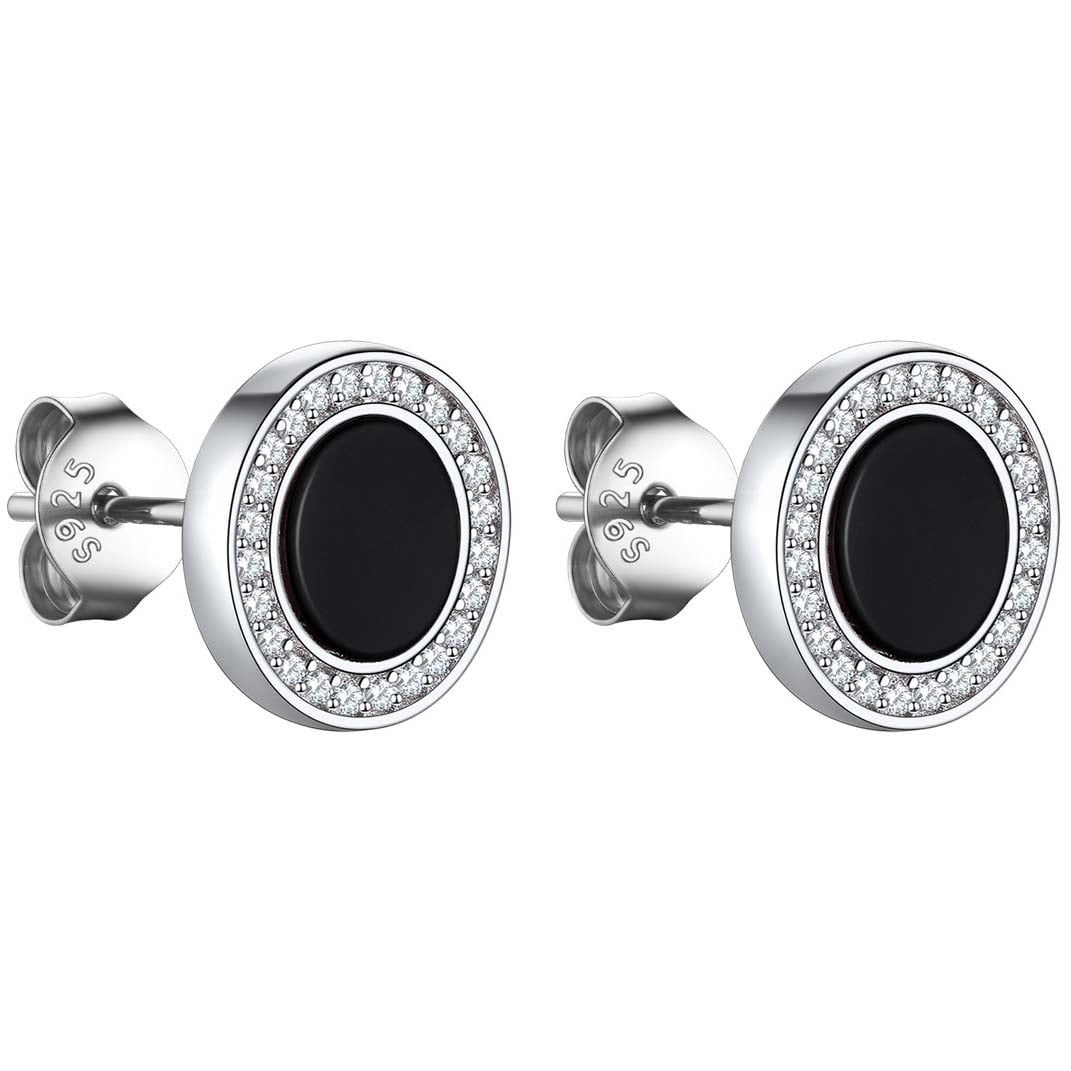 Bandmax 925 Sterling Silver Stud Earrings for Men Women Natural Black Onxy with CZ Ear Studs for Men Gift for Husband Boyfriend Son