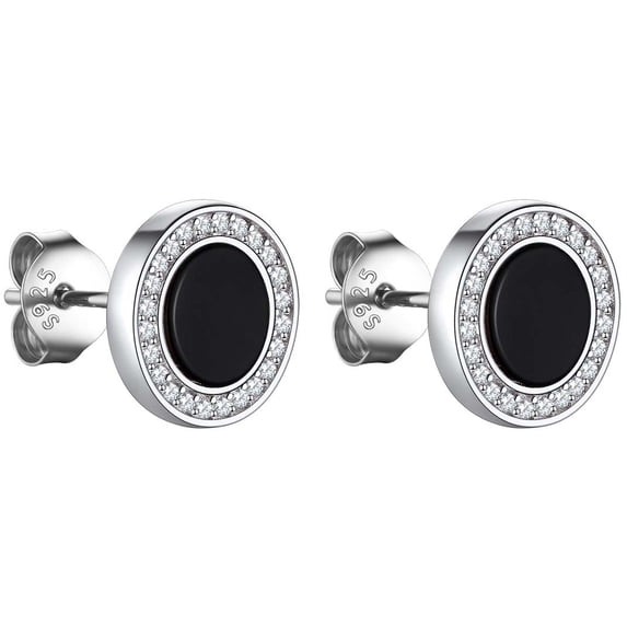 Bandmax 925 Sterling Silver Stud Earrings for Men Women Natural Black Onxy with CZ Ear Studs for Men Gift for Husband Boyfriend Son