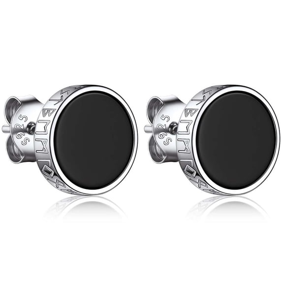 Bandmax 925 Sterling Silver Stud Earrings for Men Women Natural Black Onxy with Viking Rune Ear Studs for Men Gift for Husband Boyfriend Son