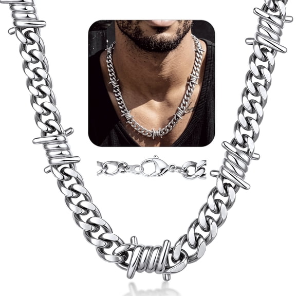 Bandmax 9MM Barbed Wire Choker Necklace for Men 16" Stainless Steel Gothic Thorns Necklace Chain Jewelry for Christmas Birthday Gifts Stocking Stuffers