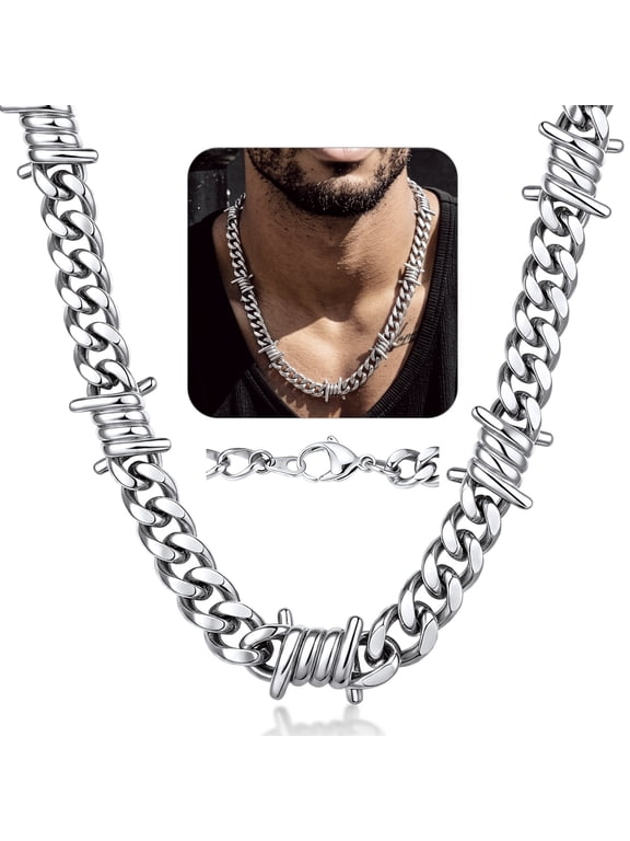 9MM Barbed Wire Choker Necklace for Men 16" Stainless Steel Gothic Thorns Necklace Chain Jewelry for Christmas Birthday Gifts Stocking Stuffers