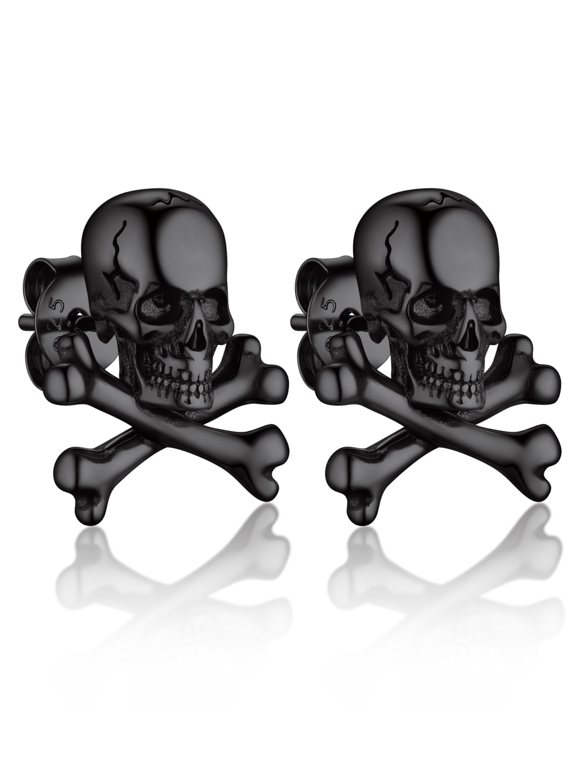 Bandmax Black 925 Sterling Silver Skull Crossbone Stud Earrings for Women Men Punk Gothic Biker Skull Skeleton Earrings Jewelry for Halloween Gift