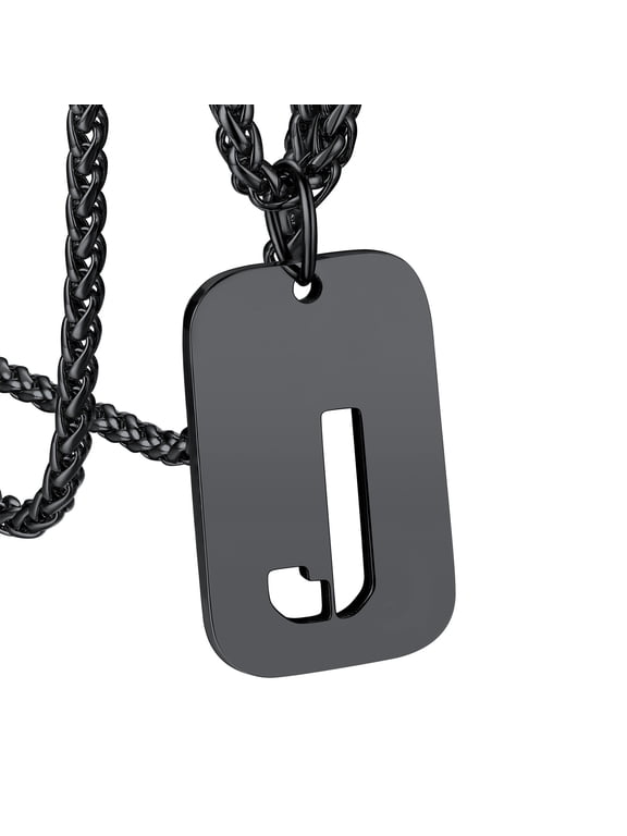 Black Initial Letter J Pendant for Men Women 26 Alphabet Hollow Capitals Necklace Stainless Steel Dog Tag Pendants Necklace for Birthday Gift
