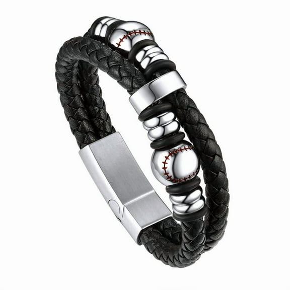 Bandmax Black Leather Bracelets for Men Double-Layer Baseball Braided Rope Bracelet with Stainless Steel Baseball Beads Wristband Wrist Bangle for Birthday Gift