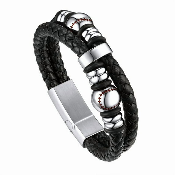 Bandmax Black Leather Bracelets for Men Double-Layer Baseball Braided Rope Bracelet with Stainless Steel Baseball Beads Wristband Wrist Bangle for Birthday Gift