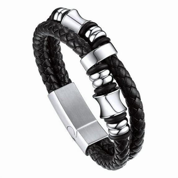 Bandmax Black Leather Bracelets for Men Double-Layer Braided Rope Bracelet with Stainless Steel Beads Wristband Wrist Bangle for Birthday Gift
