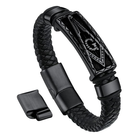 Bandmax Black Leather Braided Bracelets for Men Stainless Steel Black Masonic Freemason Wristband Charm Bracelet with Adjustable Buckle for Gift