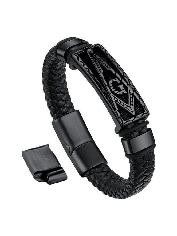 Black Leather Braided Bracelets for Men Stainless Steel Black Masonic Freemason Wristband Charm Bracelet with Adjustable Buckle Birthday Father Day Gift for Dad Son Husband Grandpa