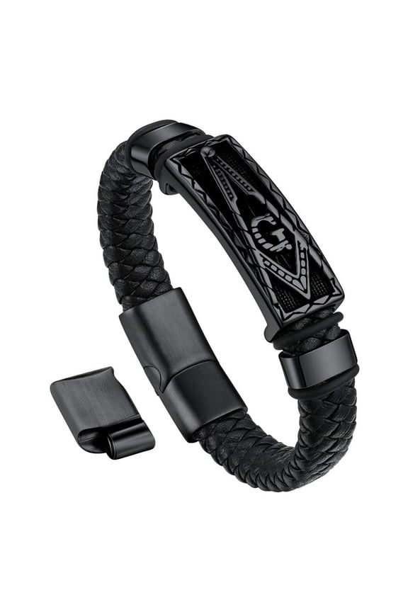 Black Leather Braided Bracelets for Men Stainless Steel Black Masonic Freemason Wristband Charm Bracelet with Adjustable Buckle Birthday Father Day Gift for Dad Son Husband Grandpa