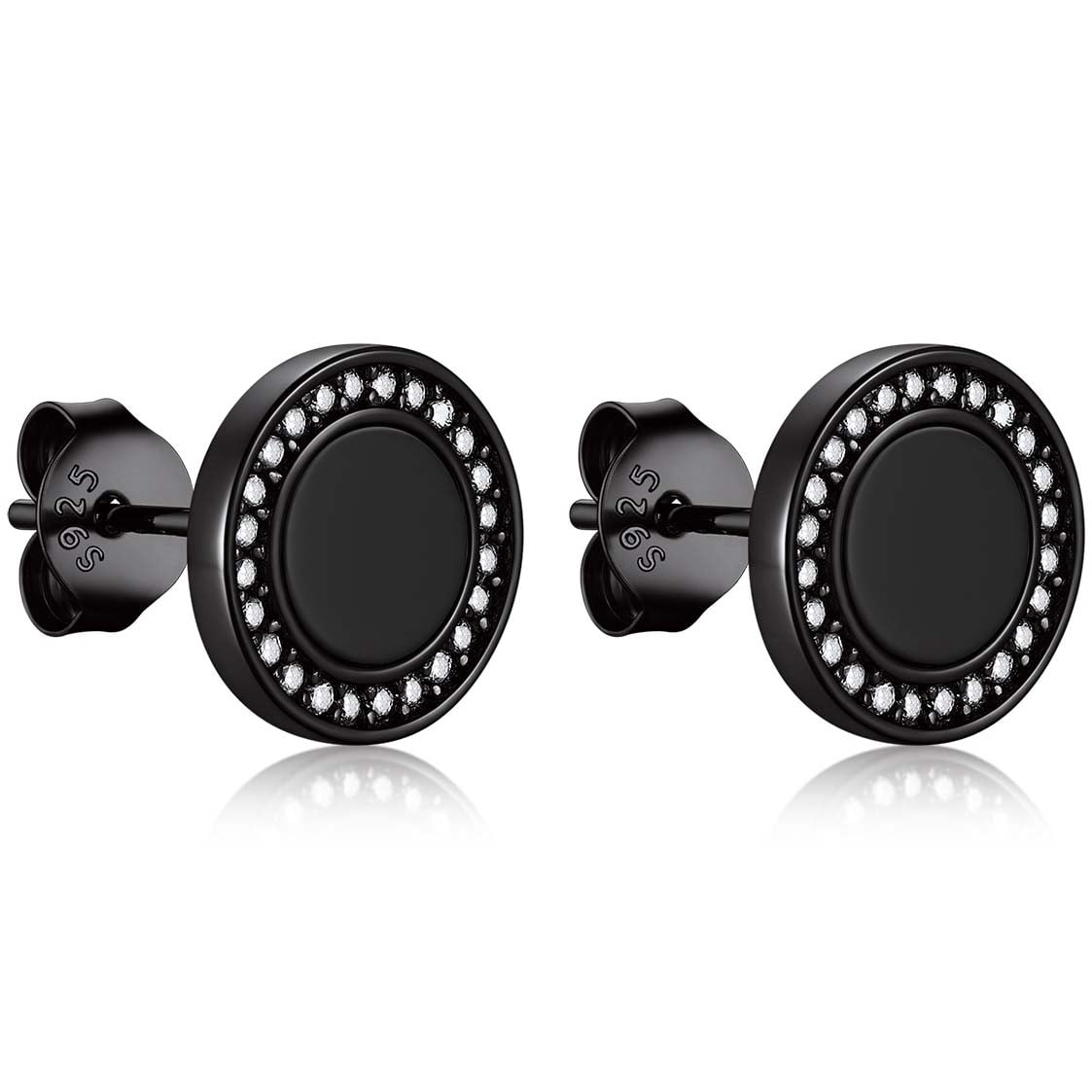 Bandmax Black S925 Silver Stud Earrings for Men Women Natural Black Onxy with CZ Ear Studs Gift for Father's Day Christmas Valentines