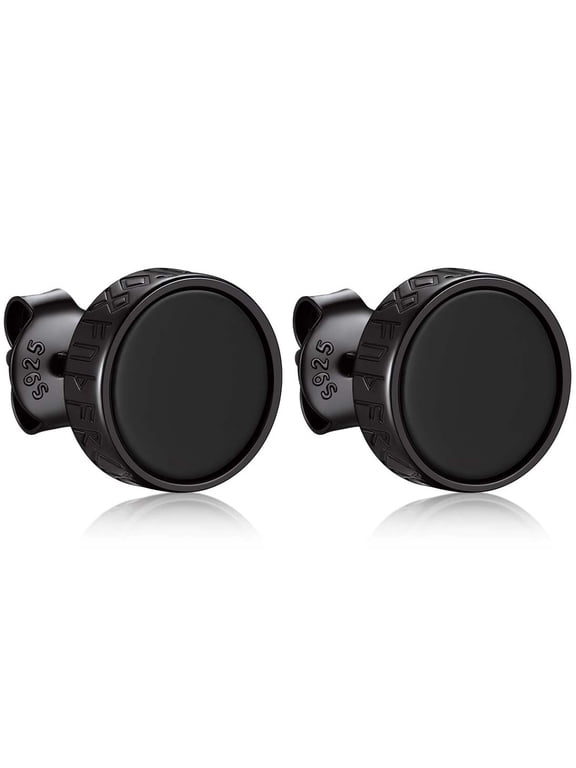 Black S925 Silver Stud Earrings for Men Women Natural Black Onxy with Viking Rune Ear Studs Gift for Father's Day Christmas Valentines