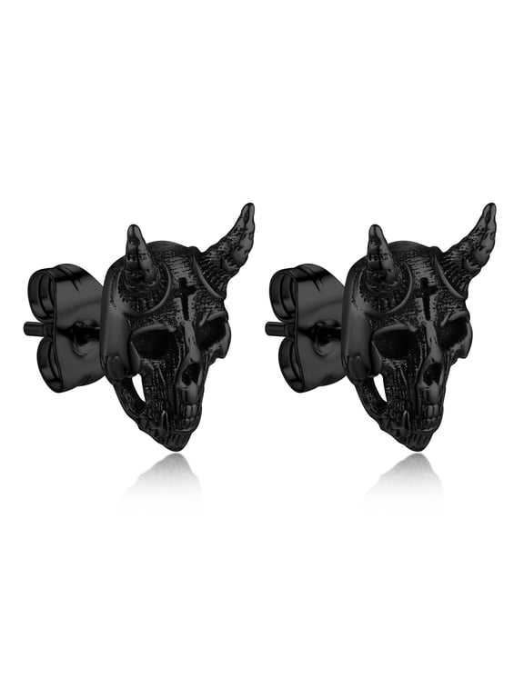 Black Stainless Steel Skull Stud Earrings for Men Wowen Devil Skeleton Horns Earrings with Cross Symbol for Biker
