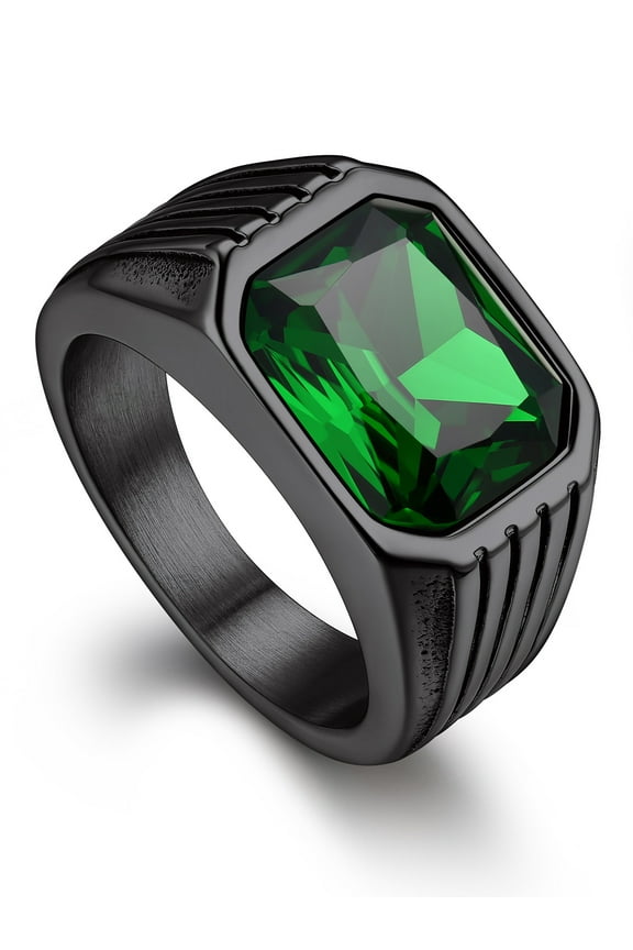 Chunky Gemstone Rings for Men Women Stainless Steel Stripe Band Emerald Cubic Zirconia Ring for Wedding Engagement Anniversary