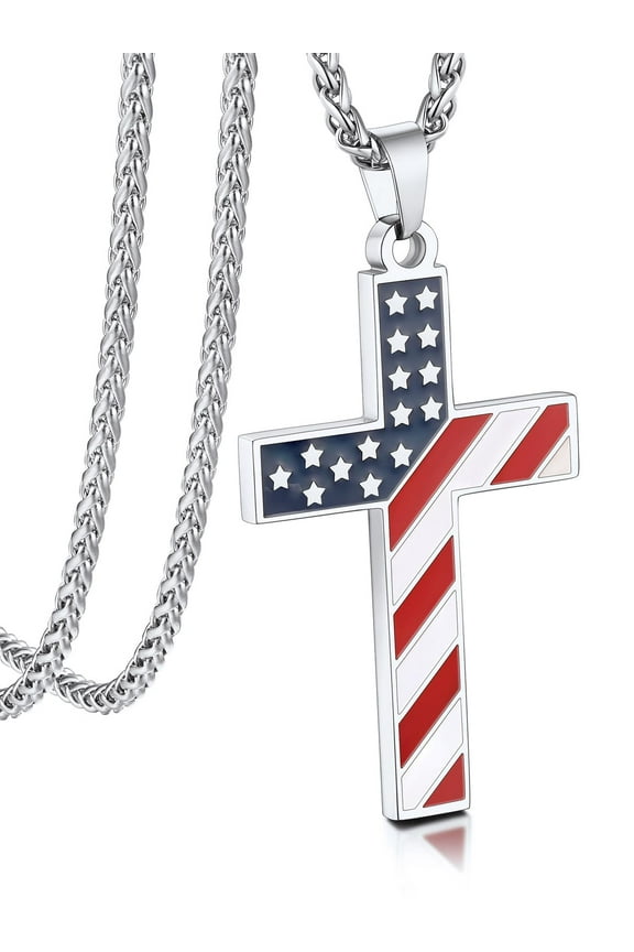 Colorful American Flag Cross Pendant Necklace for Men Women Stainless Steel Patriotic Inspirational Religious Jewelry Gift