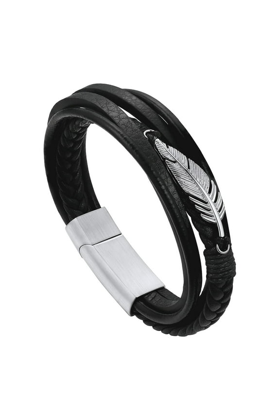 Feather Leaf Bracelet for Men Stainless Steel Multi-layer Leather Rope Bracelets Wristband for Boyfriend Husband Father Son Gift