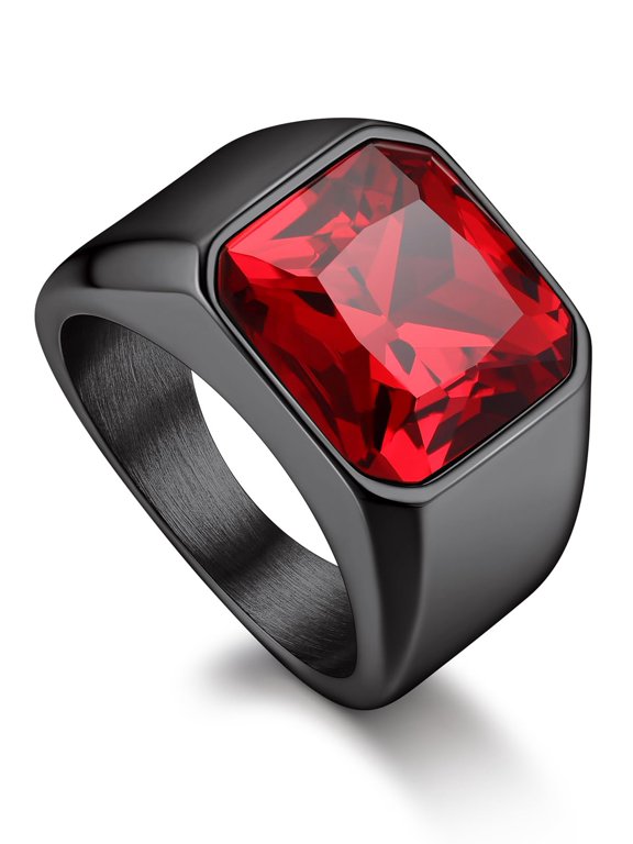 Gemstone Birthstone Black Rings for Men Women Stainless Steel Cubic Zirconia Signet Ring with Ruby Bands for Men Dad Father's Day