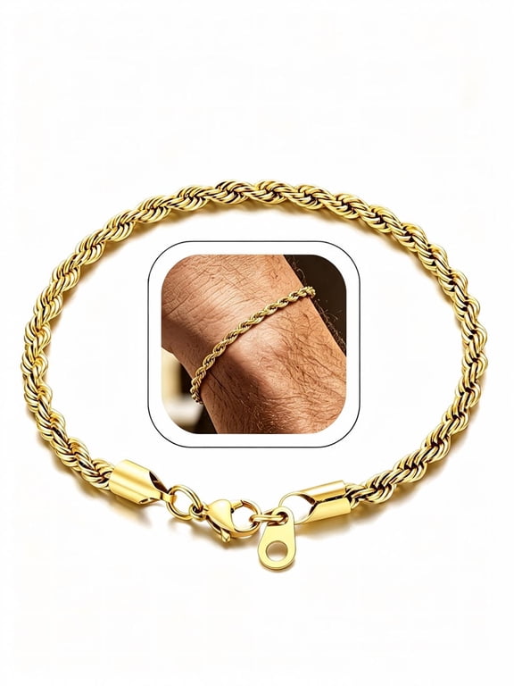 Gold Plated Chain Bracelet for Men Women 3mm Stainless Steel Jewelry Twisted Rope Link Bracelet Gift for Mens Son Husband