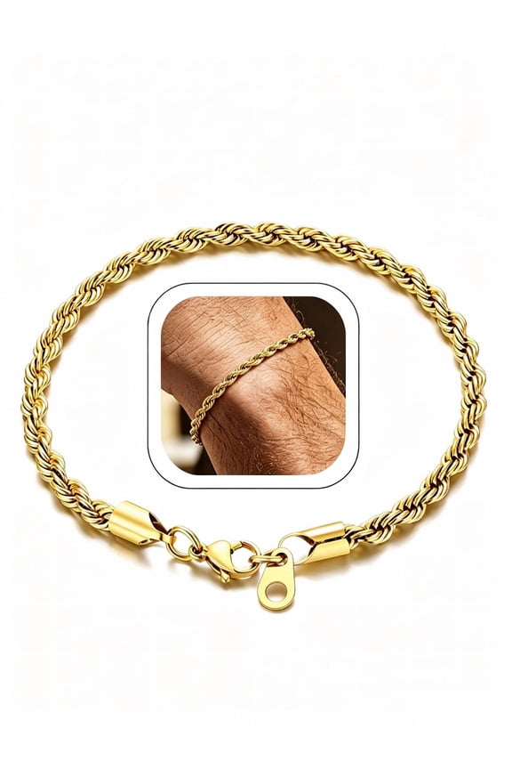 Gold Plated Chain Bracelet for Men Women 3mm Stainless Steel Jewelry Twisted Rope Link Bracelet Gift for Mens Son Husband