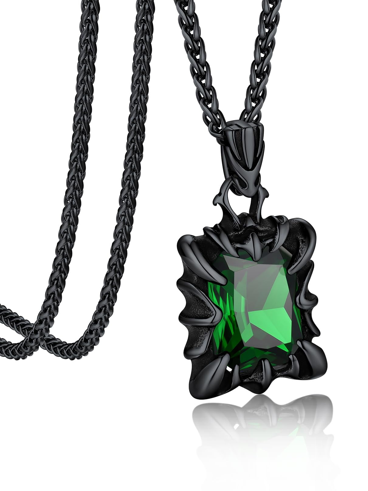 Bandmax Gothic Black Stainless Steel Necklaces for Men Women Dragon Claw Pendant Emerald Stone Vintage Goth Punk Necklace for Gift