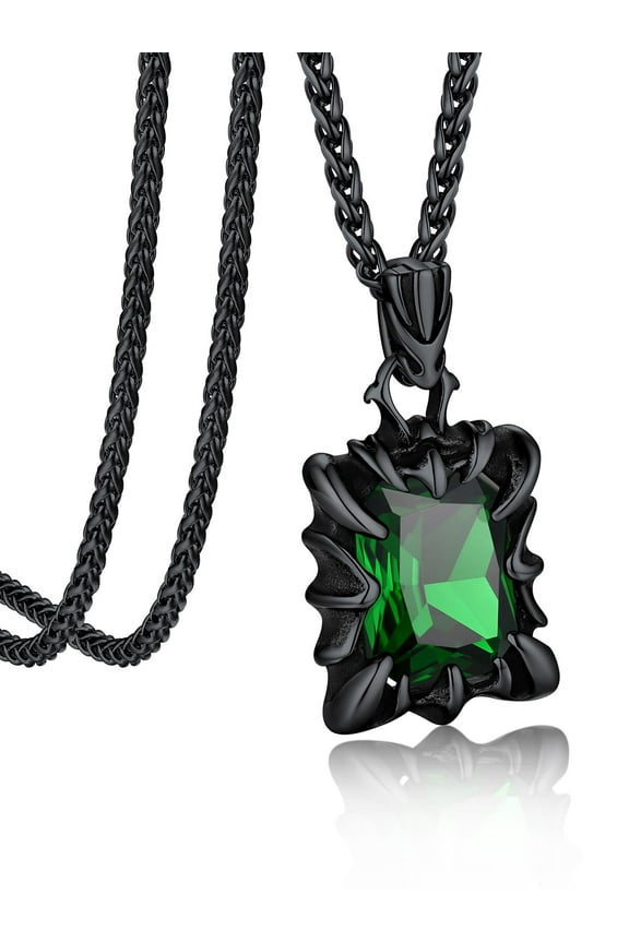 Gothic Black Stainless Steel Necklaces for Men Women Dragon Claw Pendant Emerald Stone Vintage Goth Punk Necklace for Gift