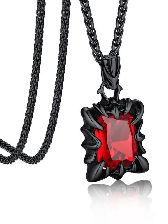 Gothic Black Stainless Steel Necklaces for Men Women Dragon Claw Pendant Ruby Stone Vintage Goth Punk Necklace for Gift